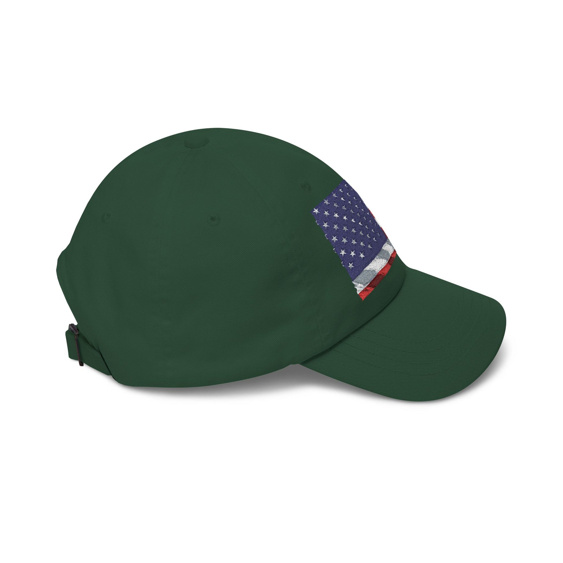 Green baseball cap with embroidered American flag patch at side