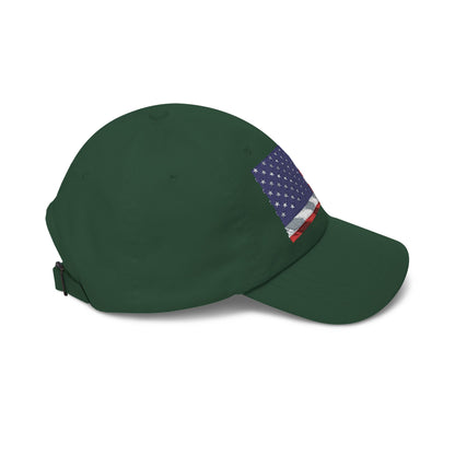 Green baseball cap with embroidered American flag patch at side
