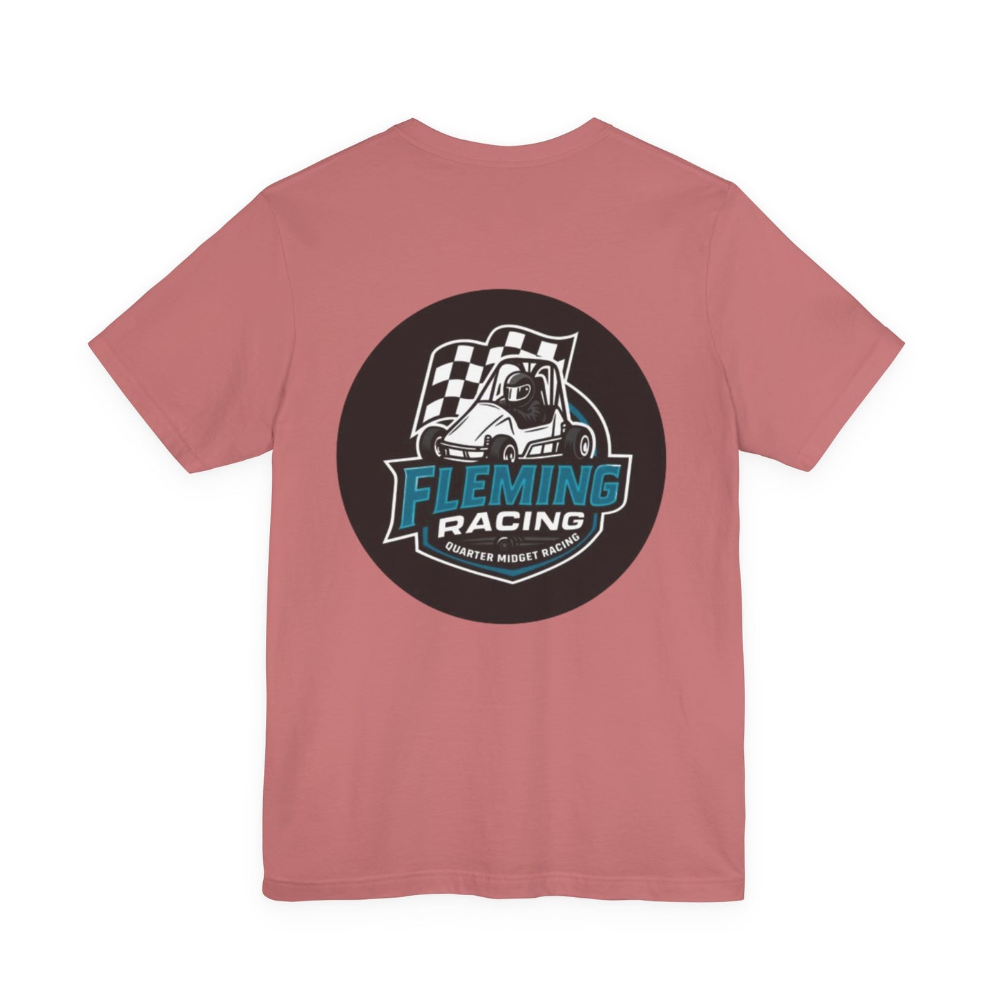 Mauve racing logo T-shirt with circular Fleming Racing emblem on the chest.