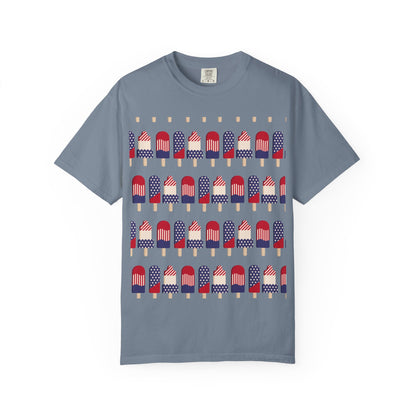 Blue-gray T-shirt with popsicle-themed American flag graphic across the chest