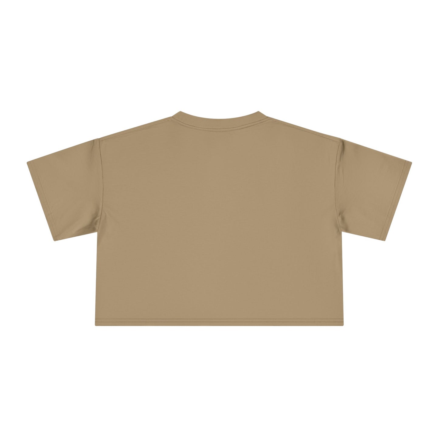 Camel brown crop graphic tee with crew neck and short sleeves, plain back