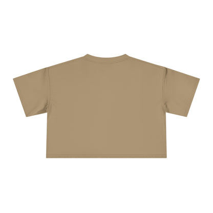 Camel brown crop graphic tee with crew neck and short sleeves, plain back