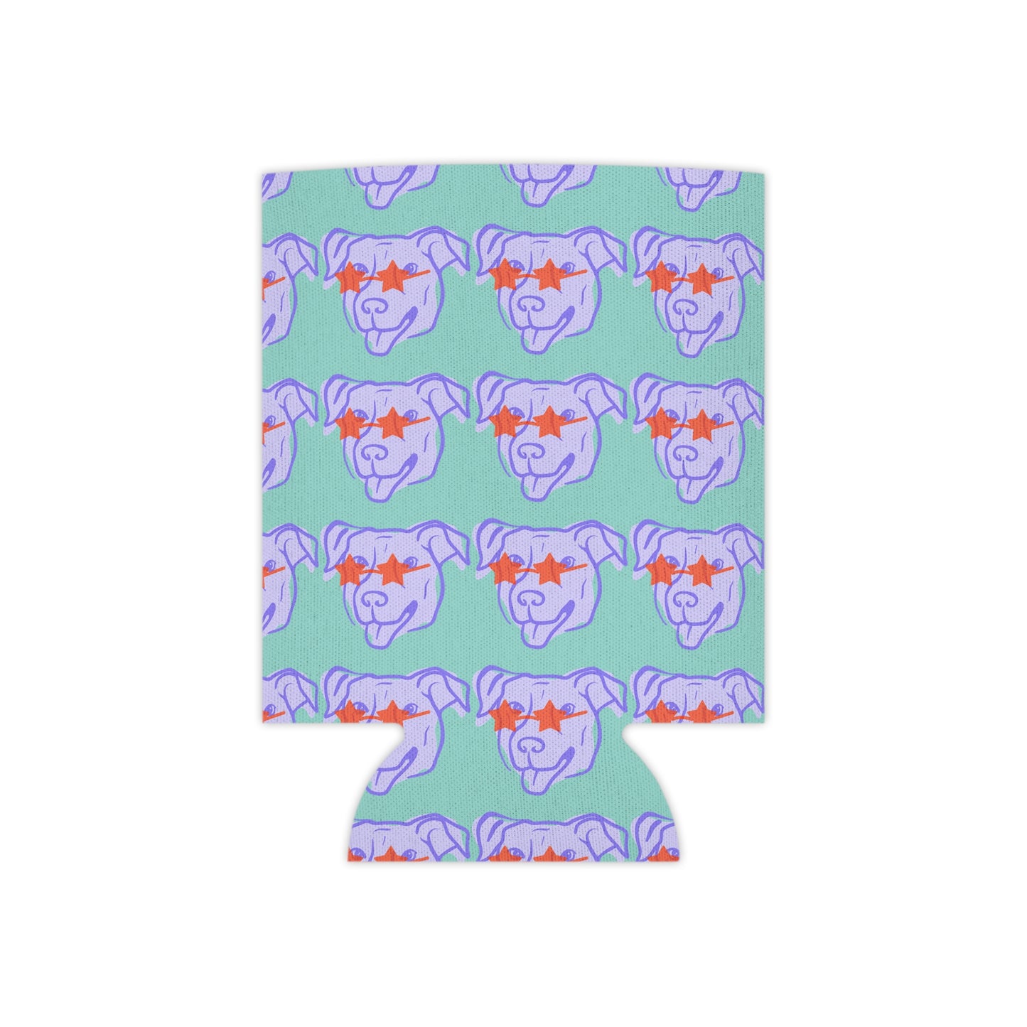 Neoprene can cooler with repeating star-eyed dog pattern in lavender and orange.