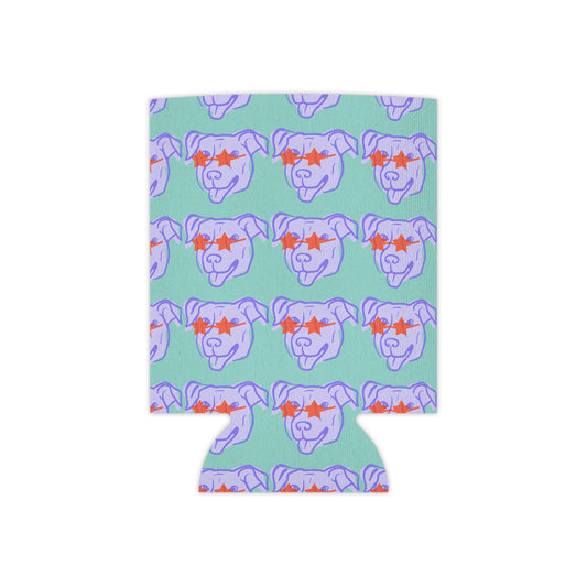 Neoprene can cooler with repeating star-eyed dog pattern in lavender and orange.
