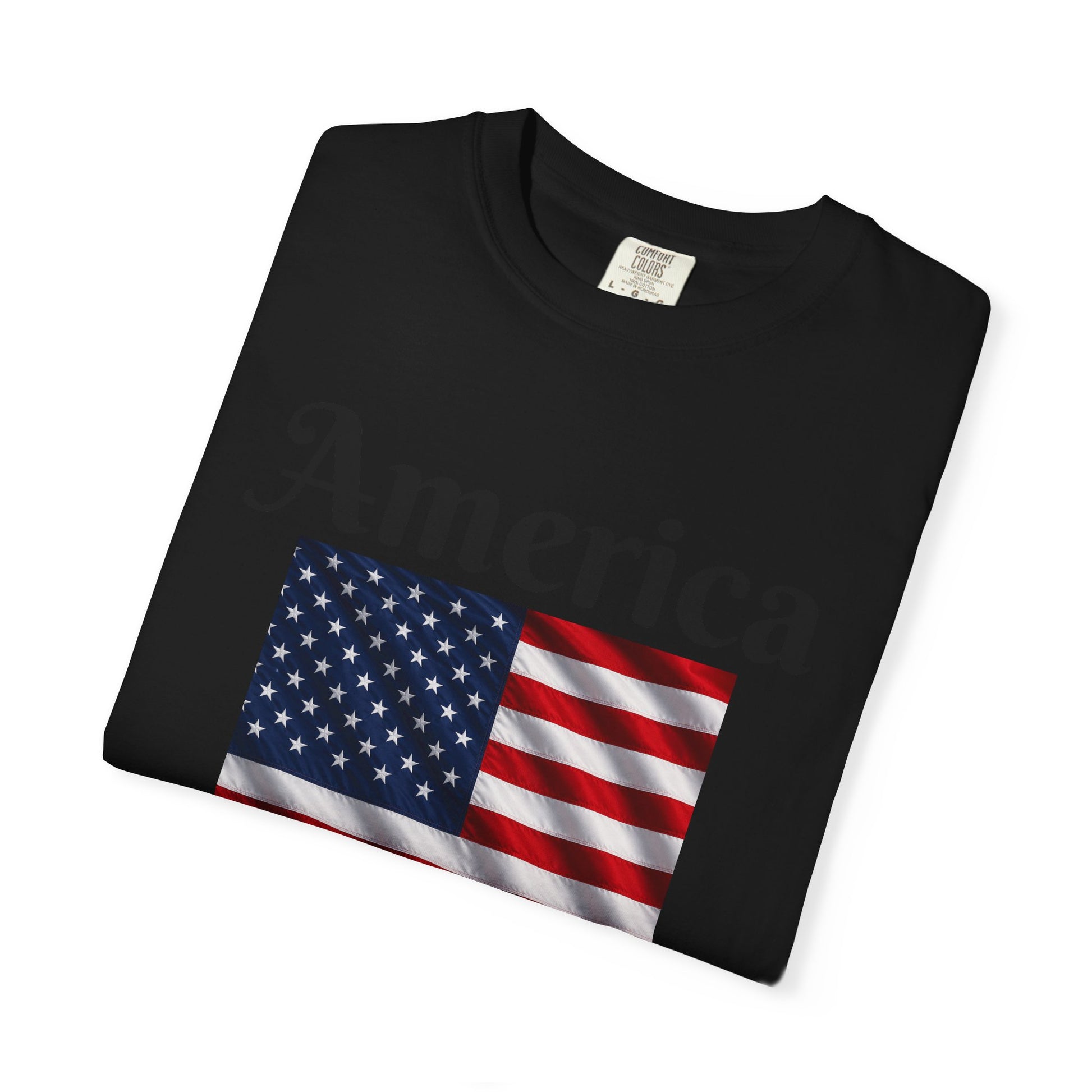 Black T-shirt with America flag square graphic centered on the chest
