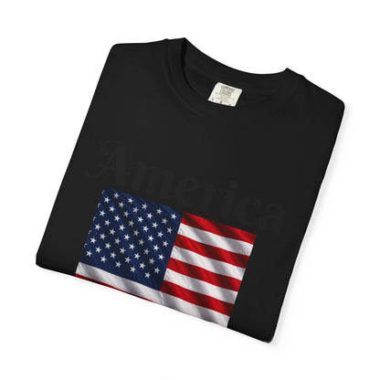 Black T-shirt with America flag square graphic centered on the chest