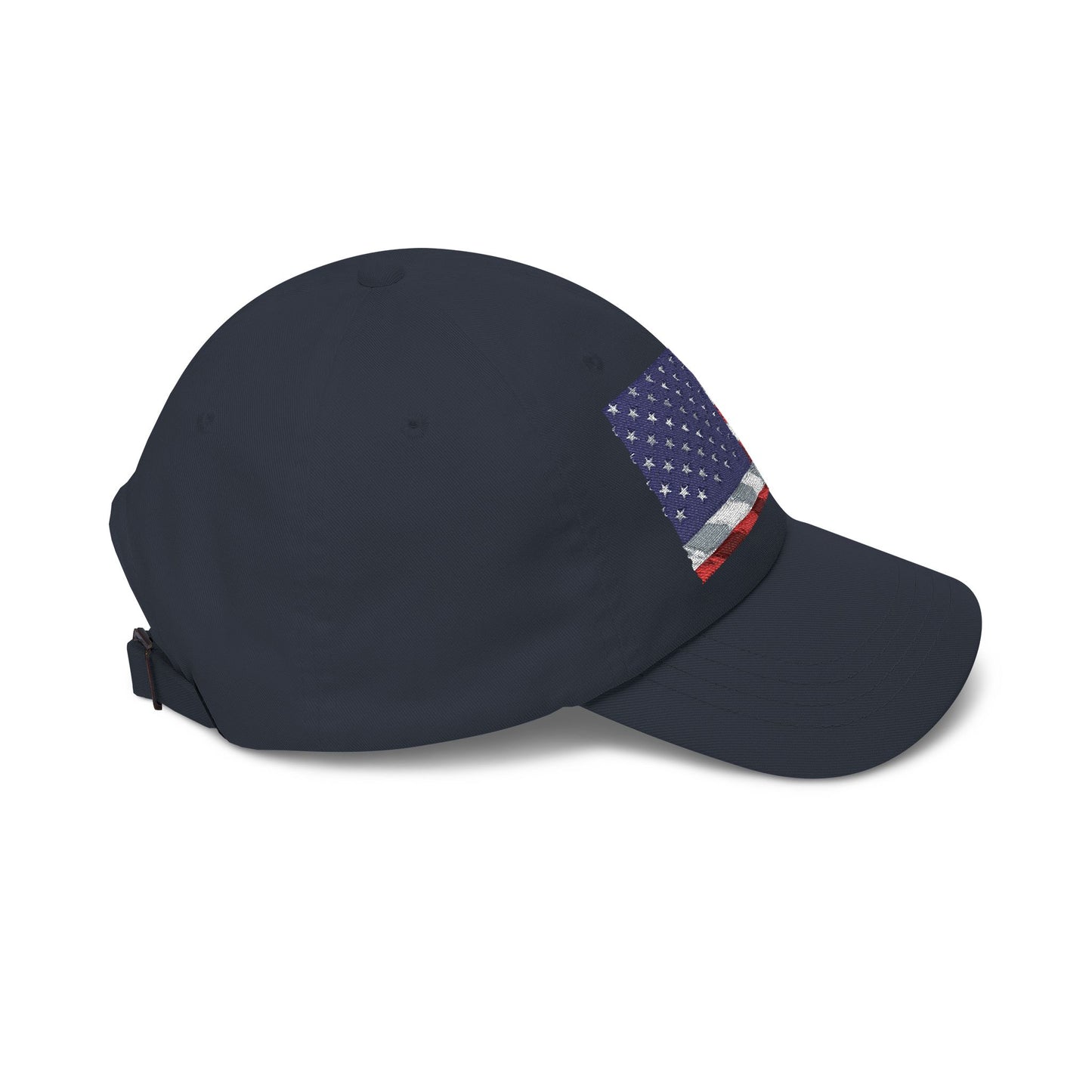 Navy dad cap with distressed American flag patch featuring blue stars, curved brim