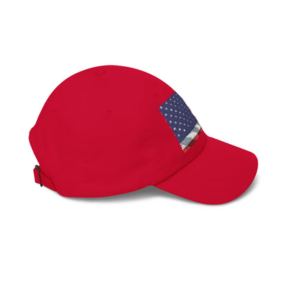 Red baseball cap with navy blue American flag patch