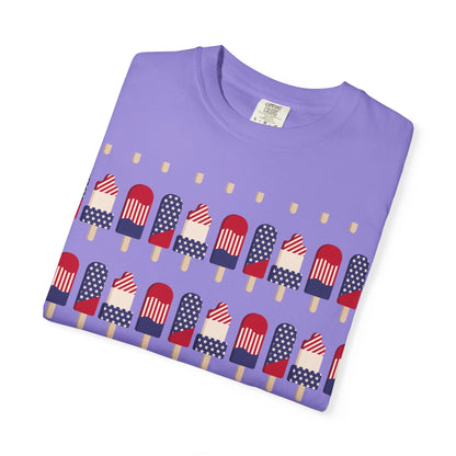 Purple T-shirt with American flag popsicle graphic in rows