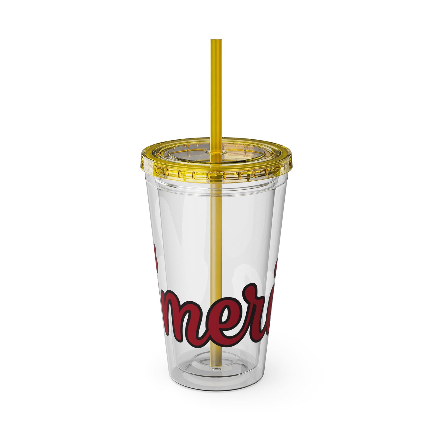 Clear 16oz tumbler with lid and yellow straw, red and black "mer" graphic