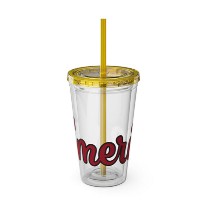 Clear 16oz tumbler with lid and yellow straw, red and black "mer" graphic