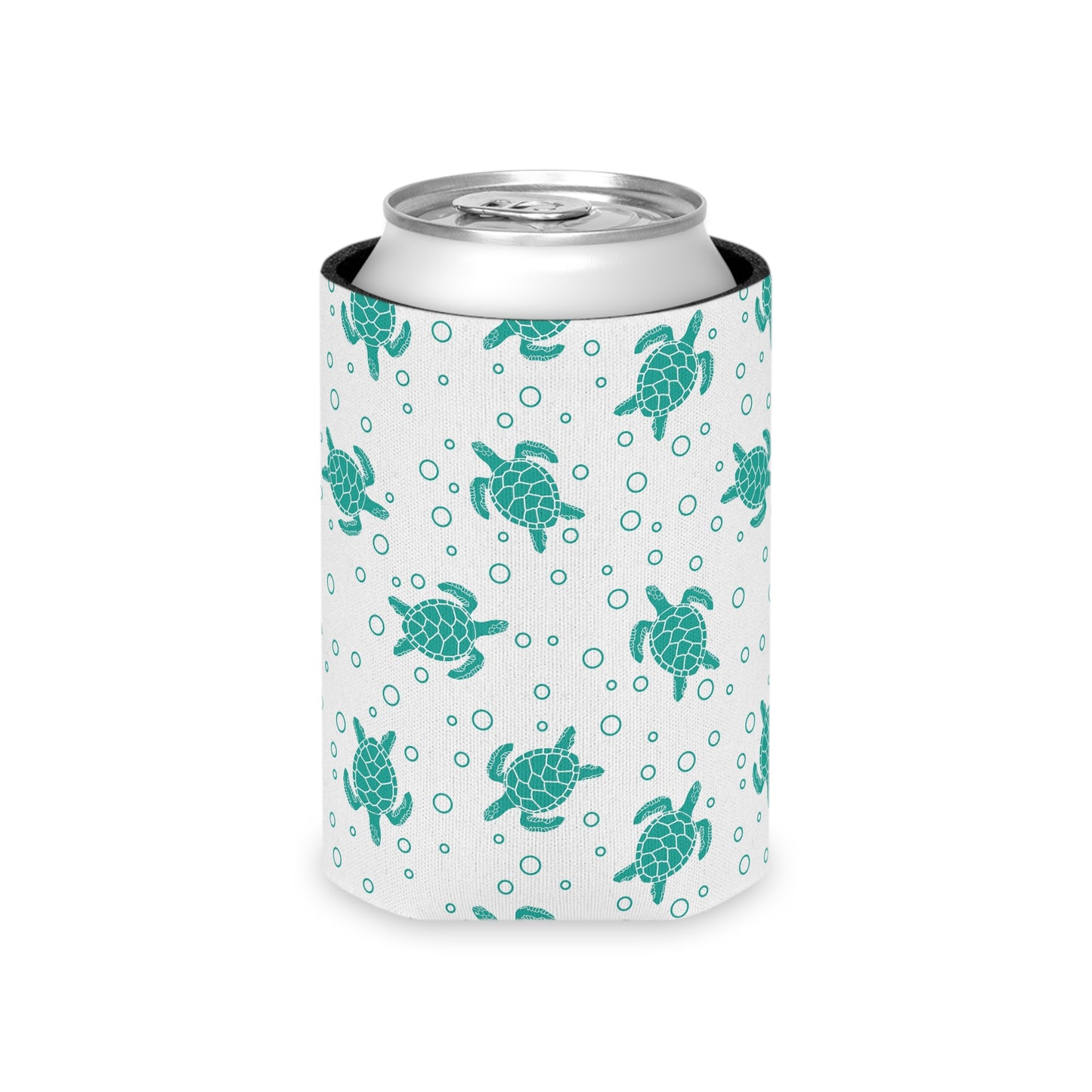 Turquoise sea turtle can cooler sleeve on a beverage can, turtle and dot pattern