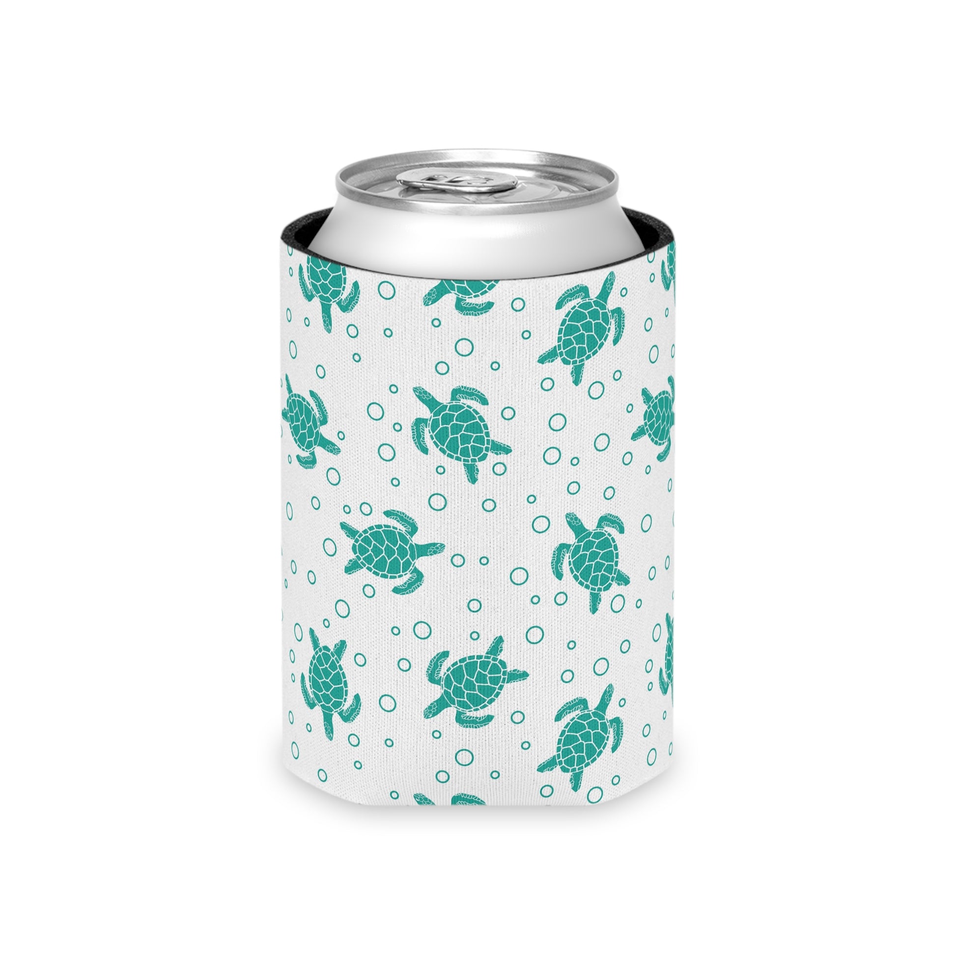 Turquoise sea turtle can cooler sleeve on a beverage can, turtle and dot pattern