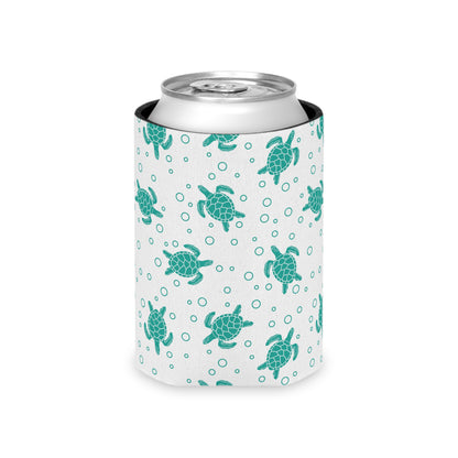 Turquoise sea turtle can cooler sleeve on a beverage can, turtle and dot pattern