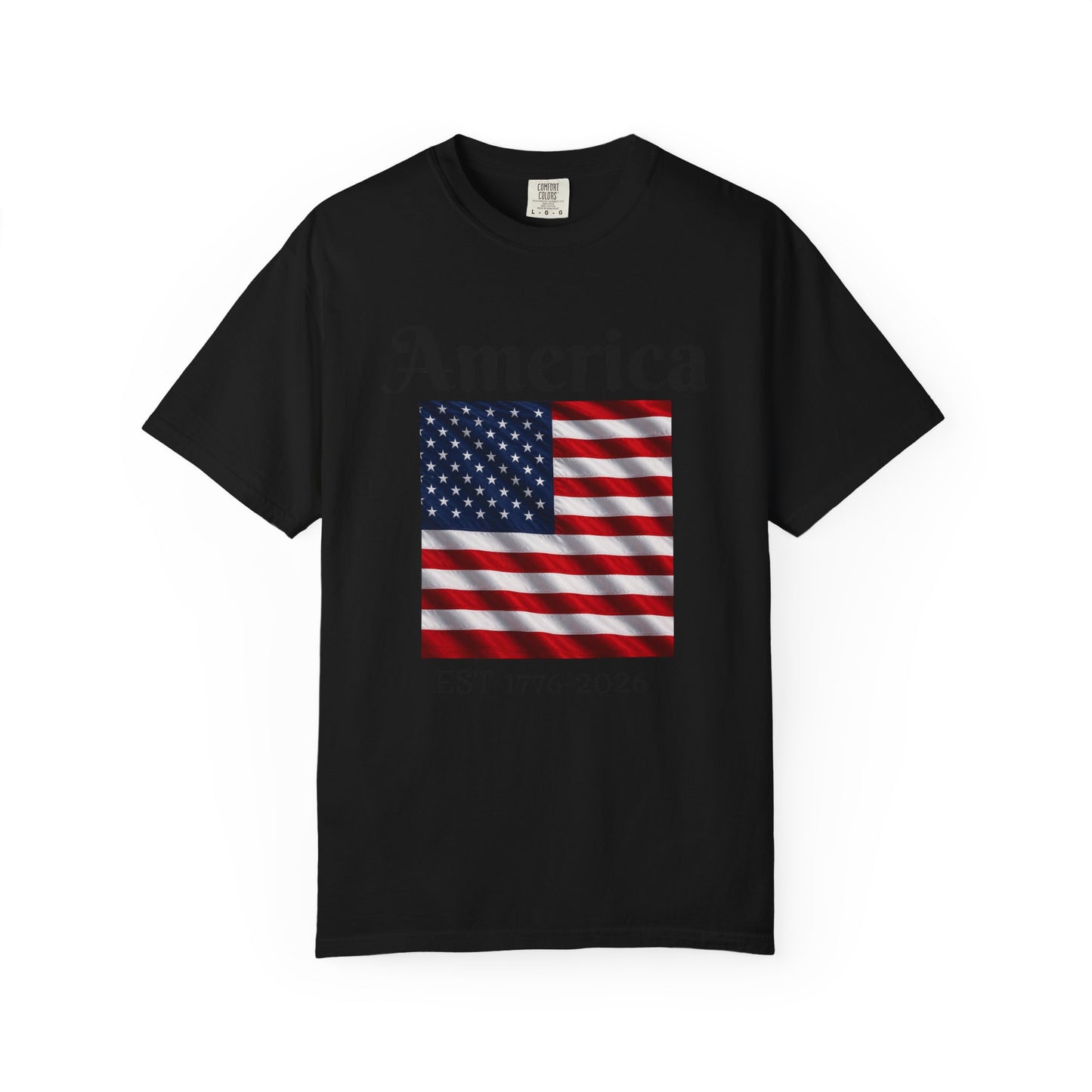 Black crewneck T-shirt with centered American flag graphic
