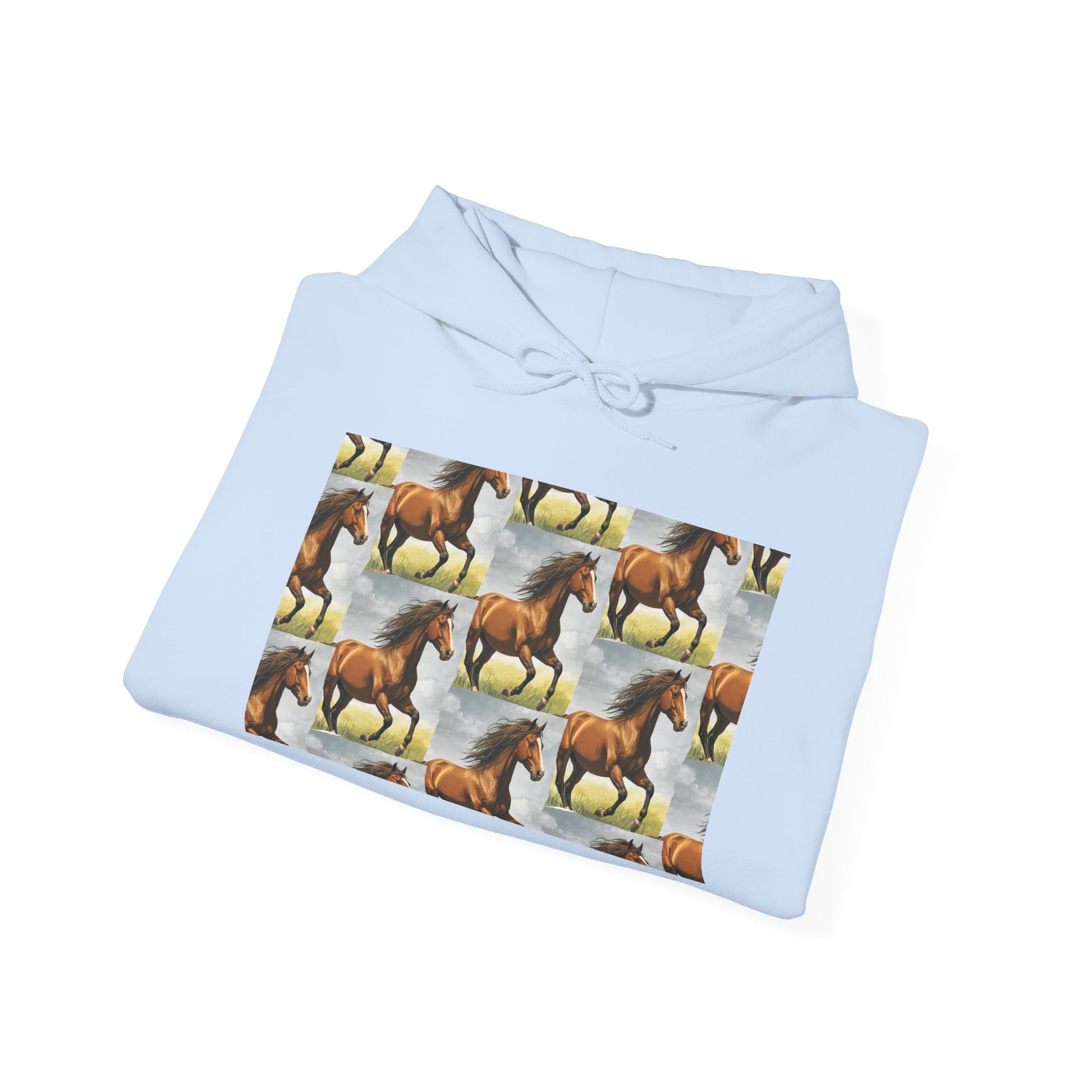 Light blue horse pattern hoodie with large front graphic panel and drawstring hood