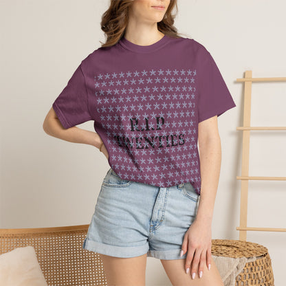 Unisex garment-dyed T-shirt in berry purple with snowflake pattern and R.I.P Twenties graphic