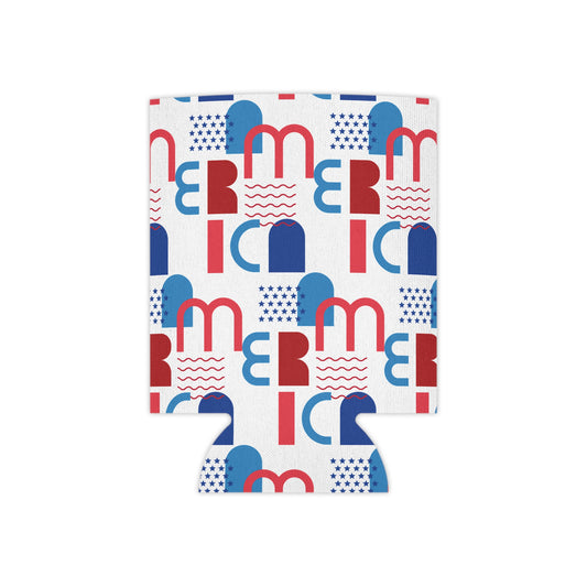 Can cooler sleeve with red, white, blue geometric retro pattern