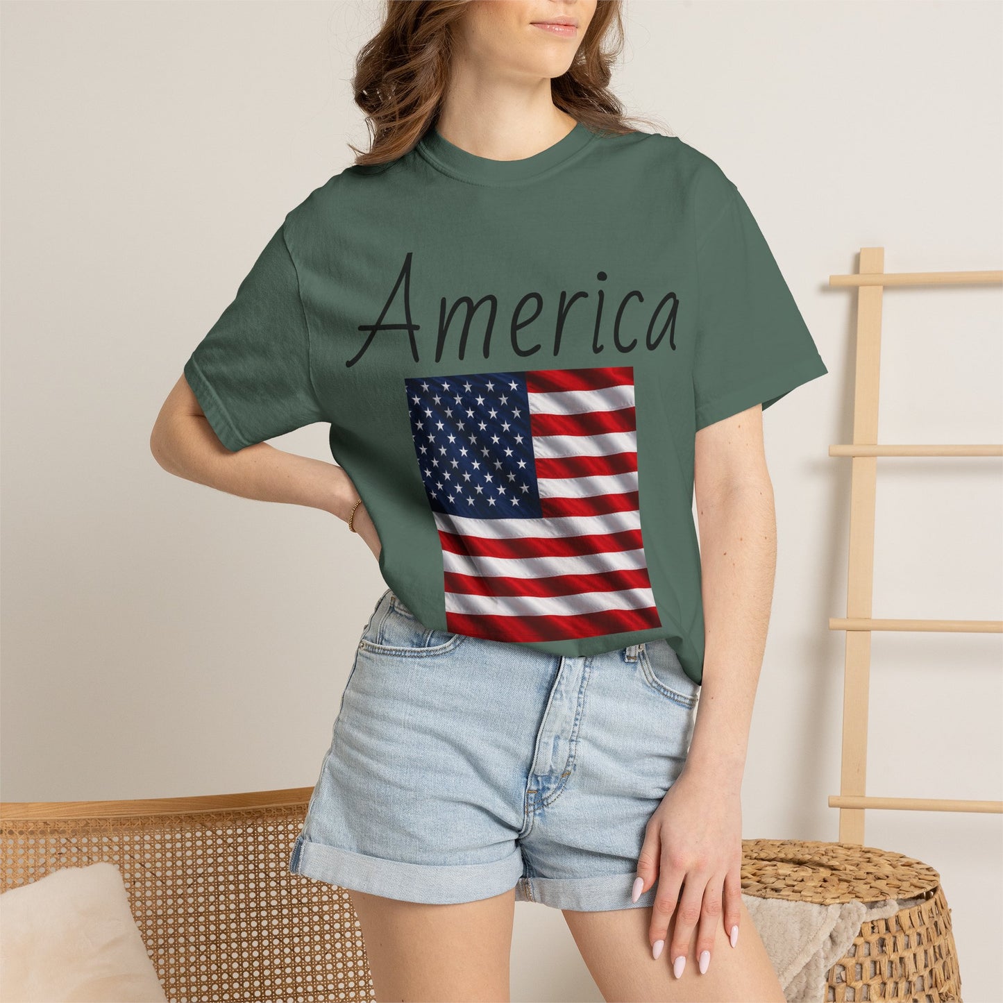 Teal unisex T-shirt with America script and U.S. flag graphic, crew neck