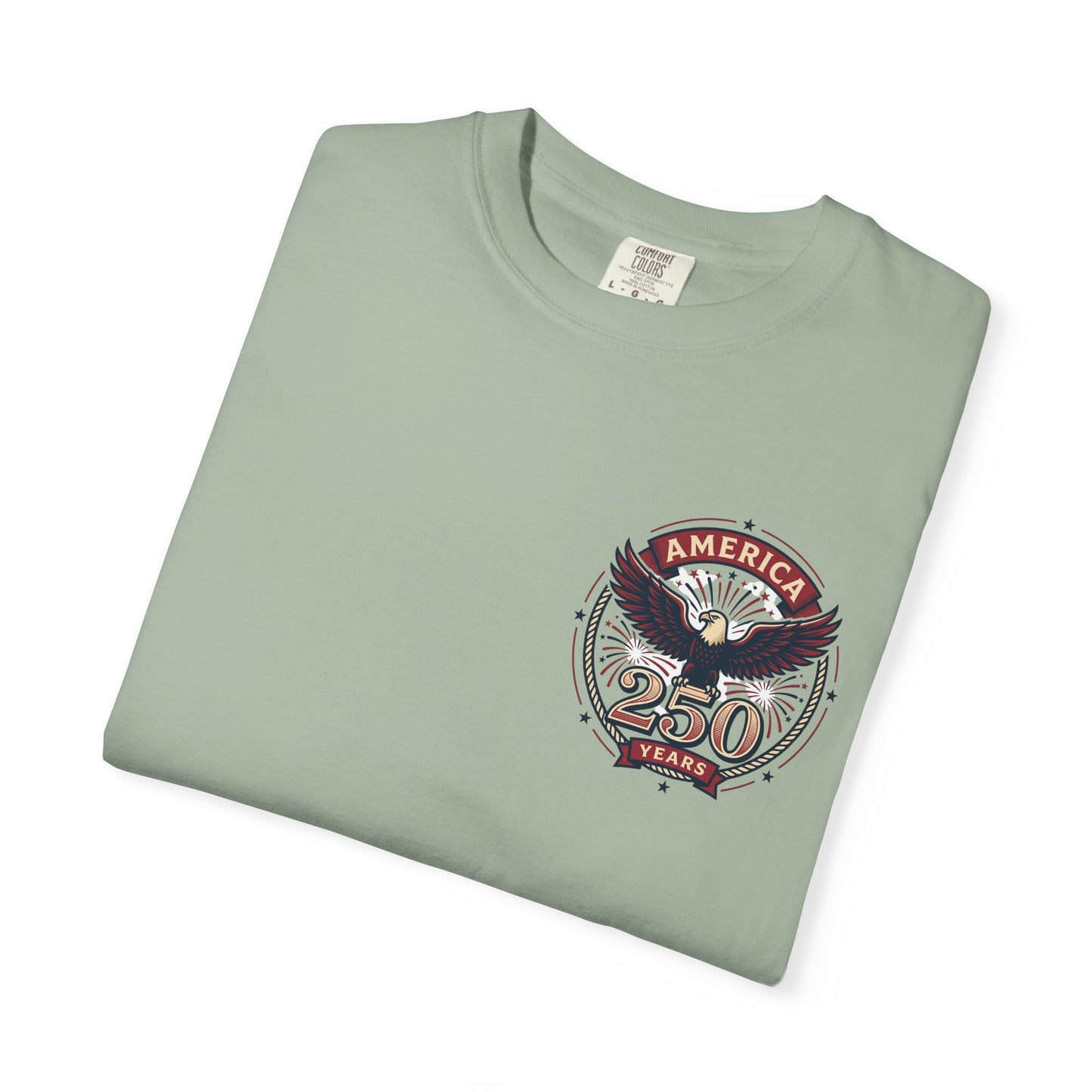Seafoam green T-shirt with round “America 250 Years” emblem on the chest