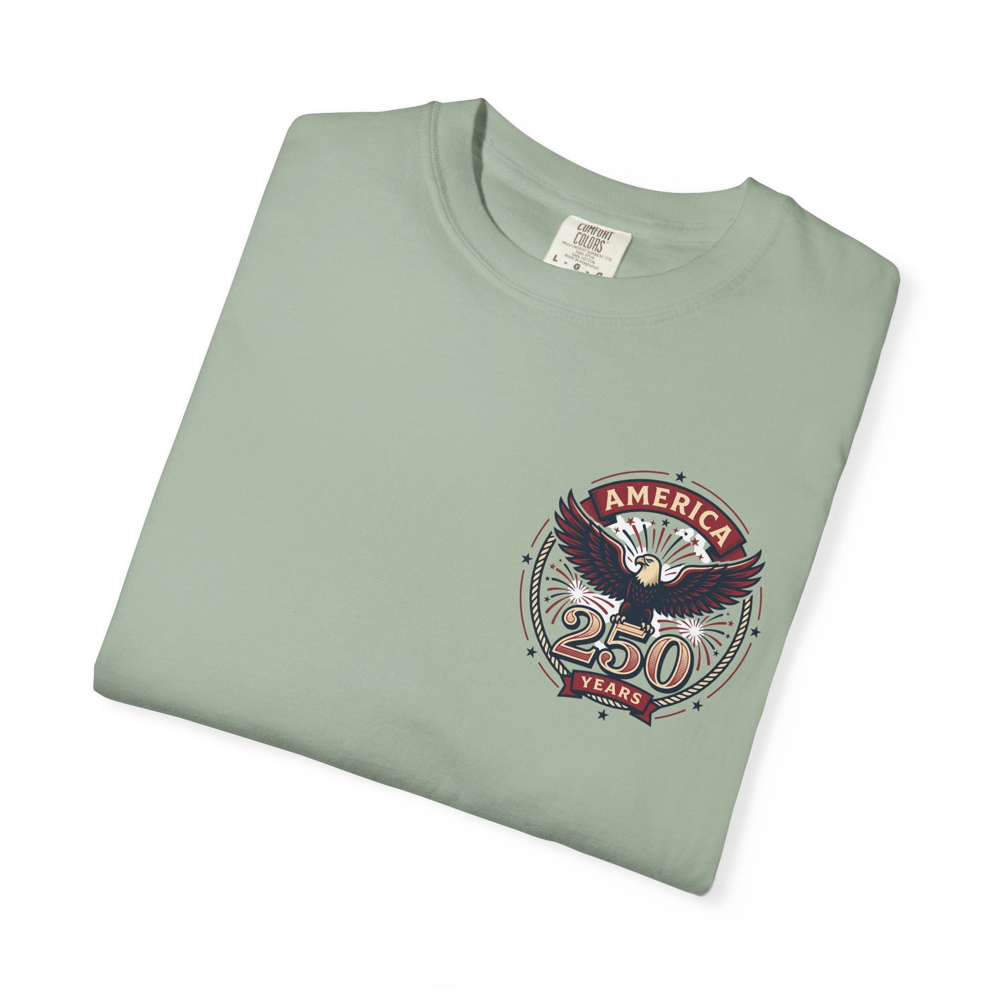 Seafoam green T-shirt with round “America 250 Years” emblem on the chest