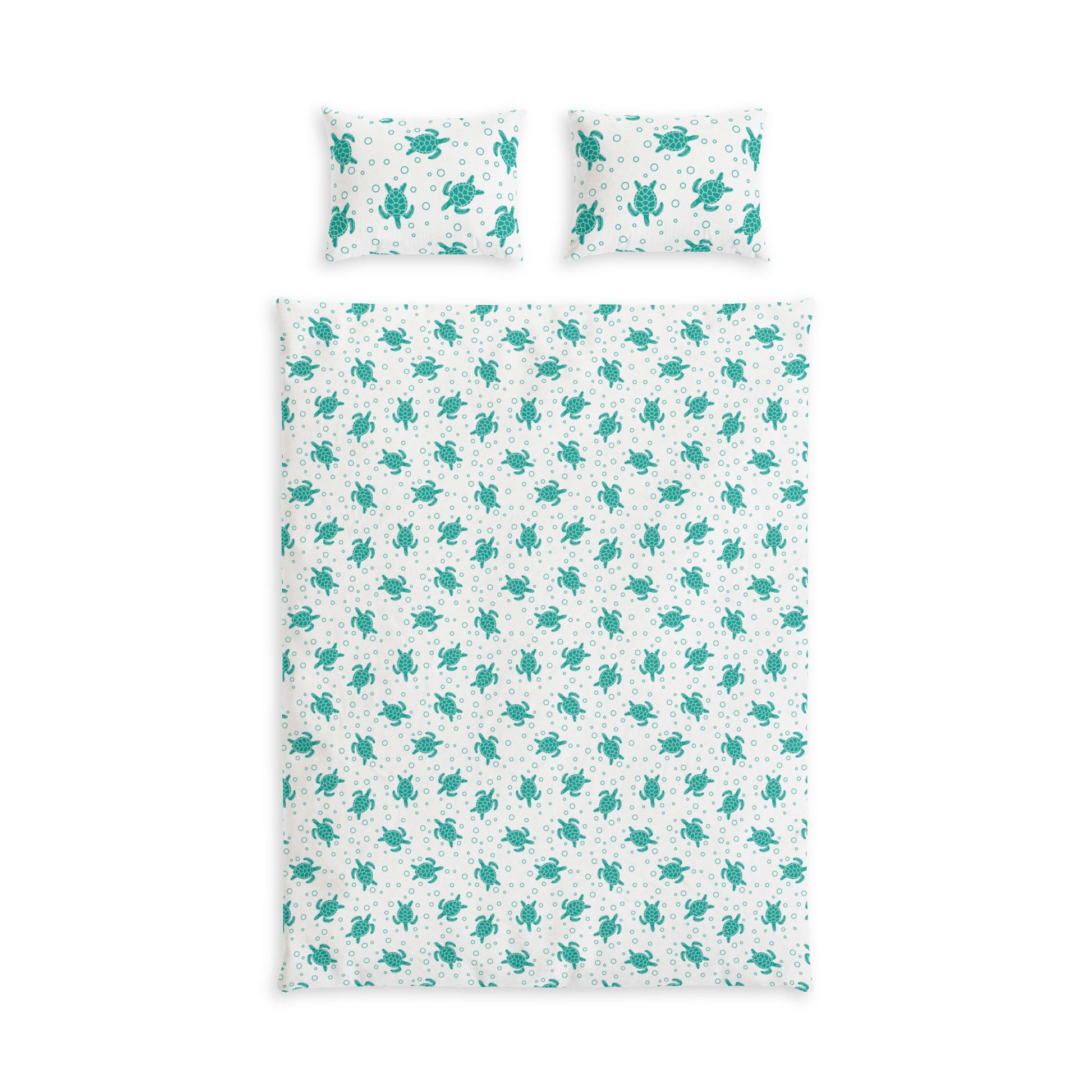 Kids bed set with teal sea turtle pattern on white, two pillowcases included