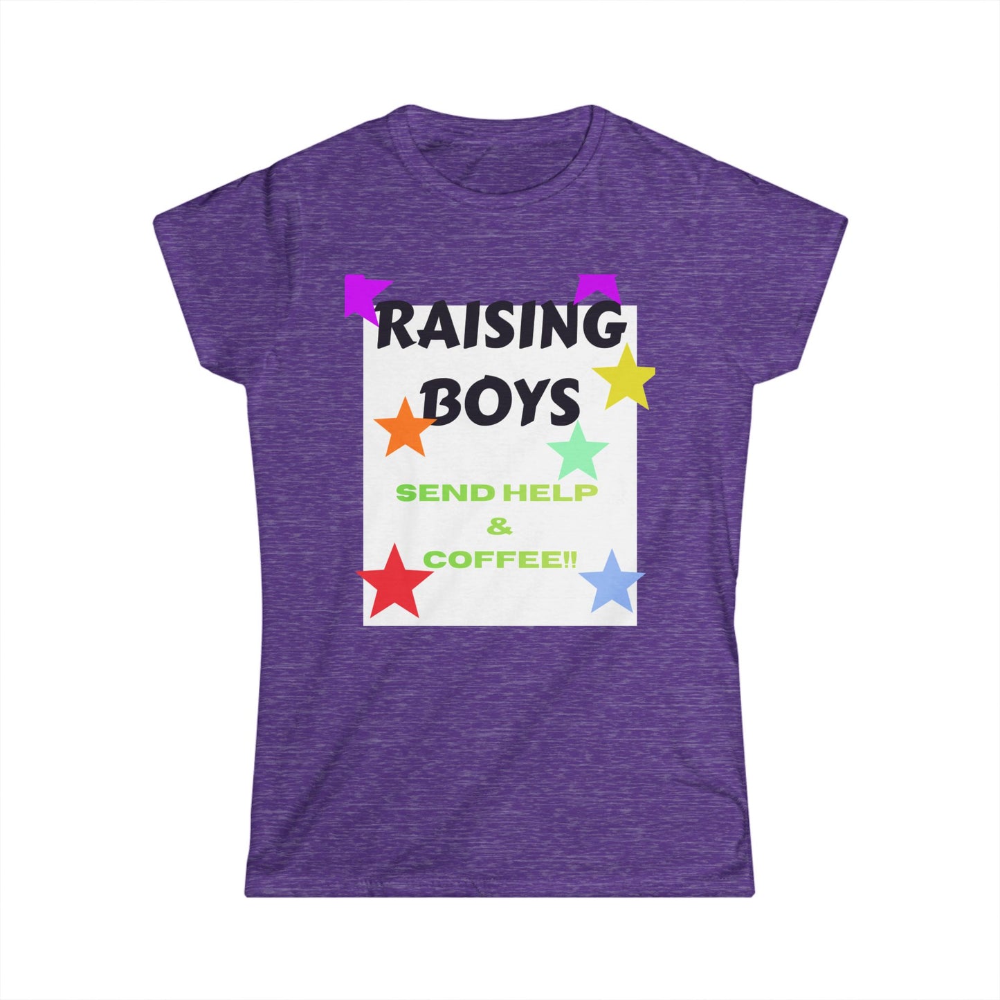 Purple graphic T-shirt with “Raising Boys” stars and “Send Help & Coffee” text