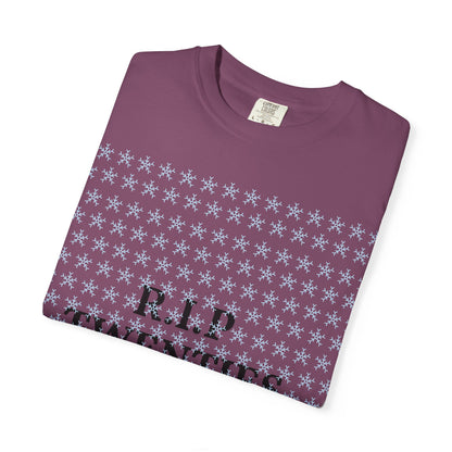 Unisex garment-dyed T-shirt in berry purple with snowflake print and R.I.P Twenties text