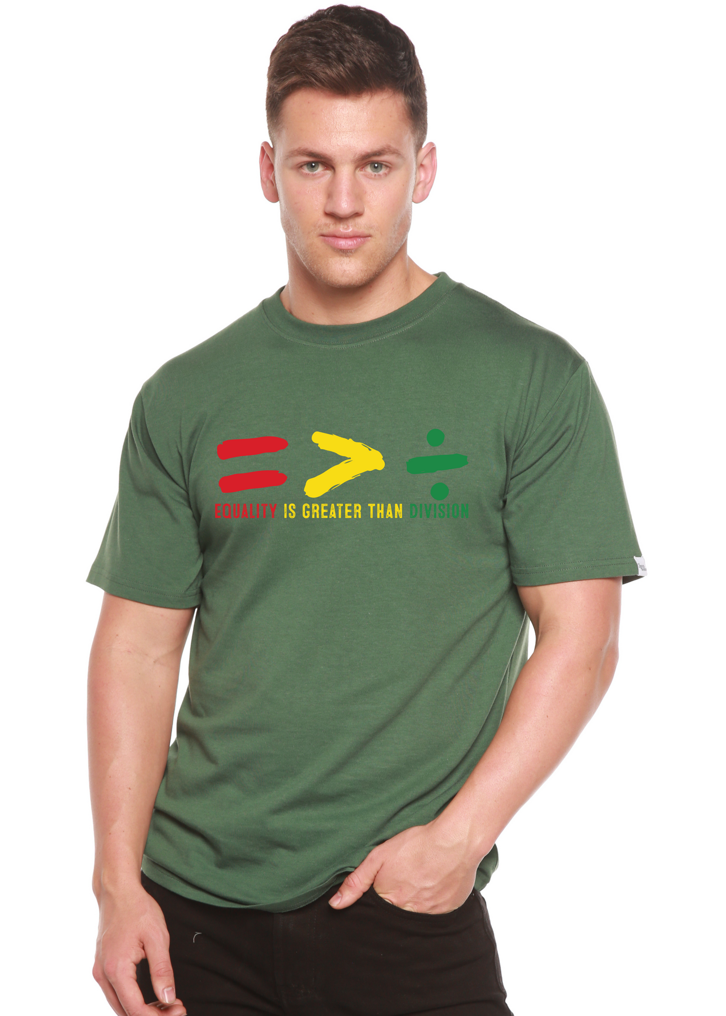Unisex graphic t-shirt, deep green, multicolor equality slogan and hands print