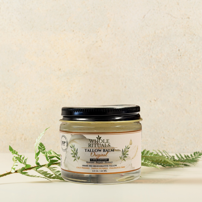 Unscented Original tallow balm jar with black lid and green herb sprigs