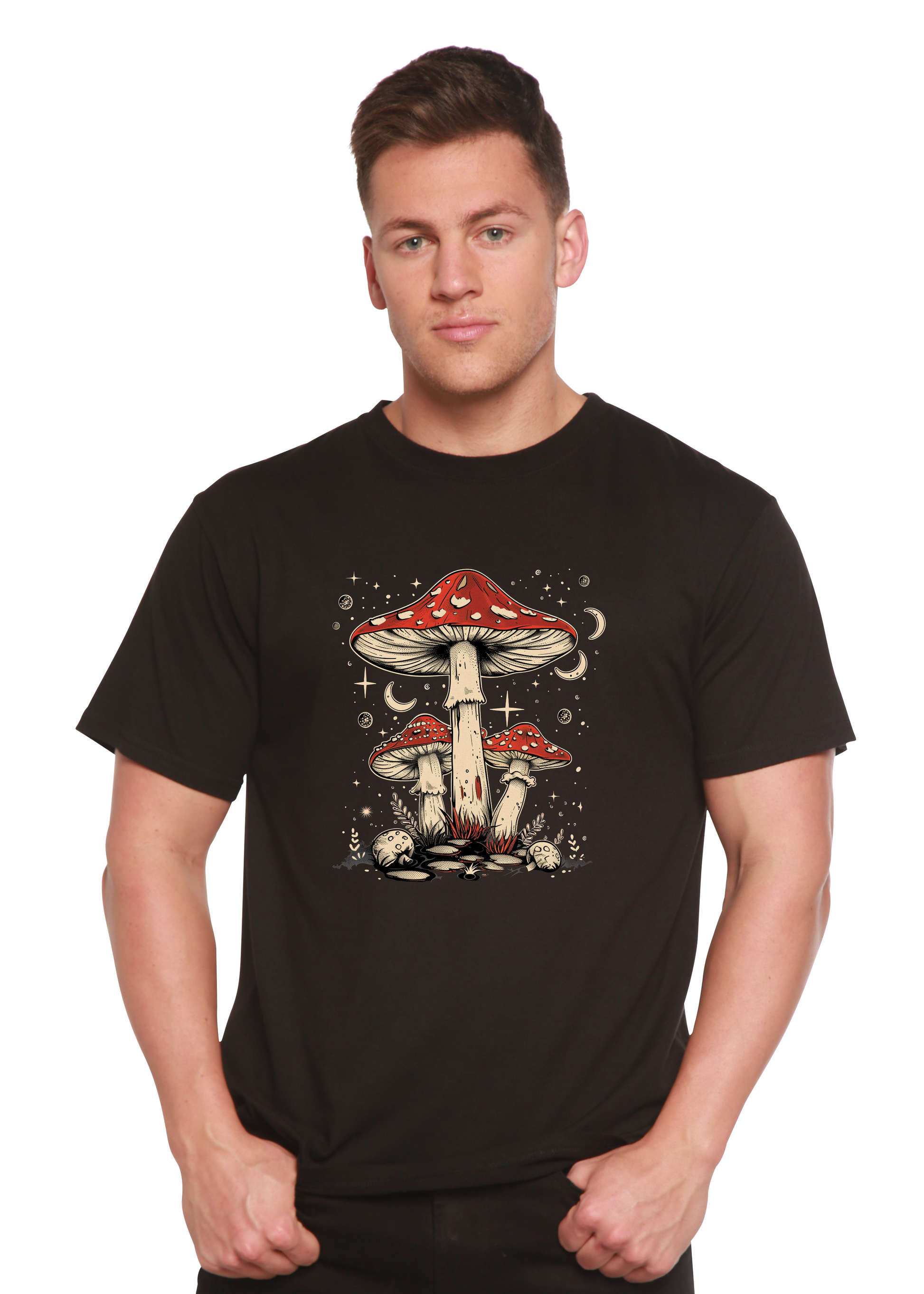Black unisex graphic T-shirt with red-capped mushrooms and small fungi, crew neck.
