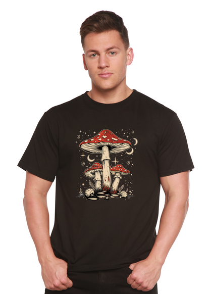 Black unisex graphic T-shirt with red-capped mushrooms and small fungi, crew neck.