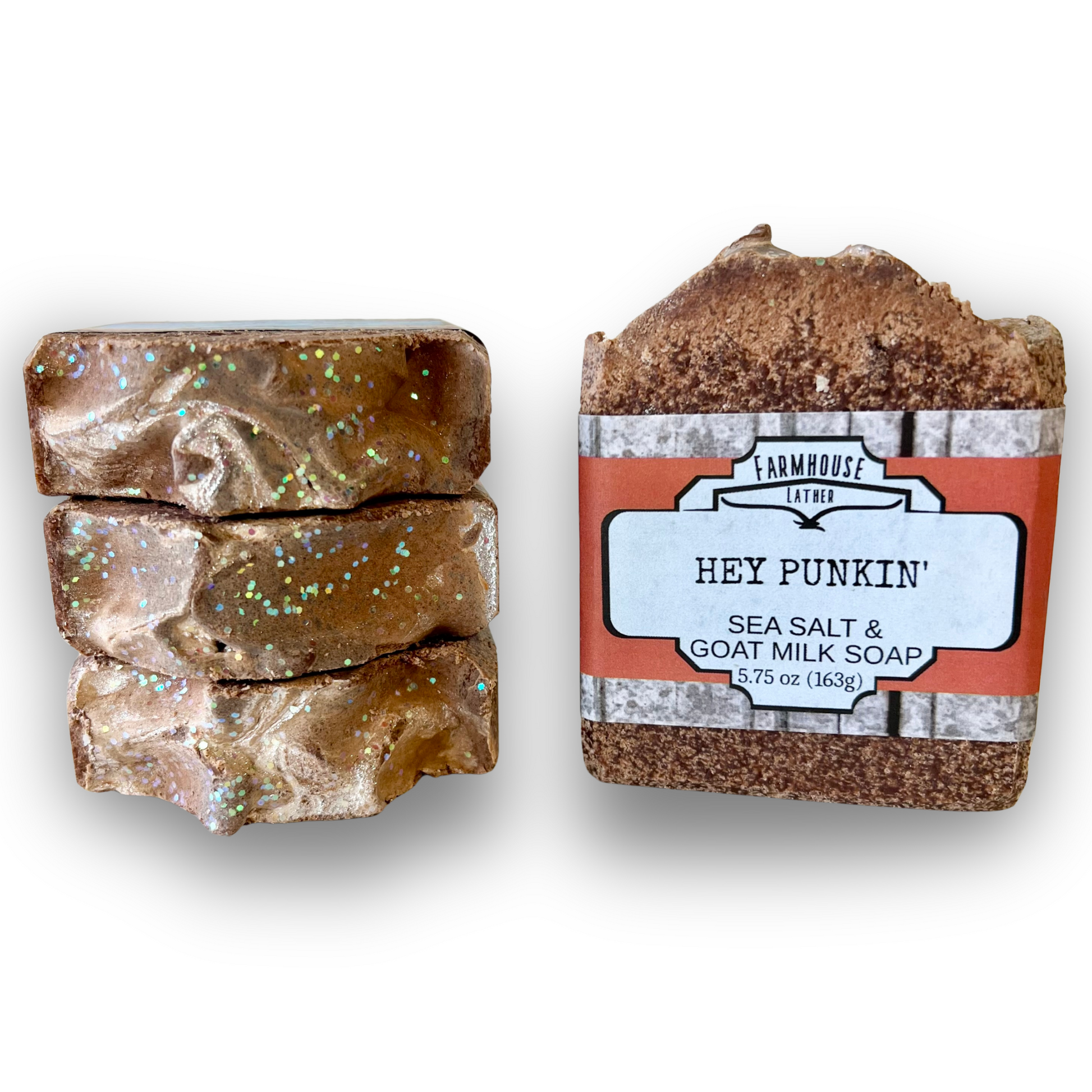 Sea salt soap bars, two stacked and wrapped label, speckled brown
