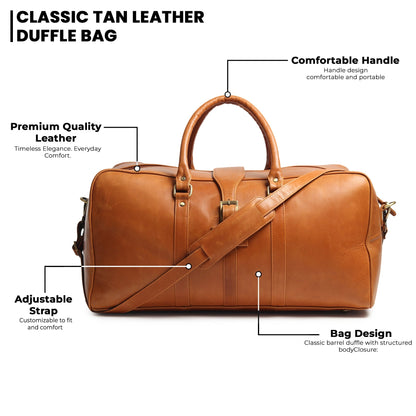 Tan leather duffle bag with structured body, top handle, and cross strap