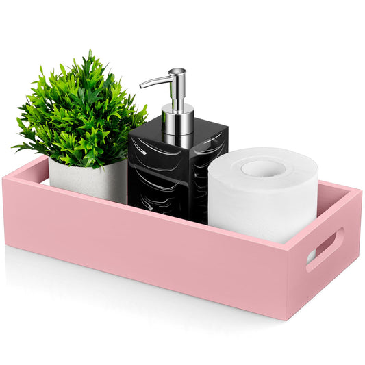 Pink toilet tank organizer basket with handle, showing paper roll and soap dispenser