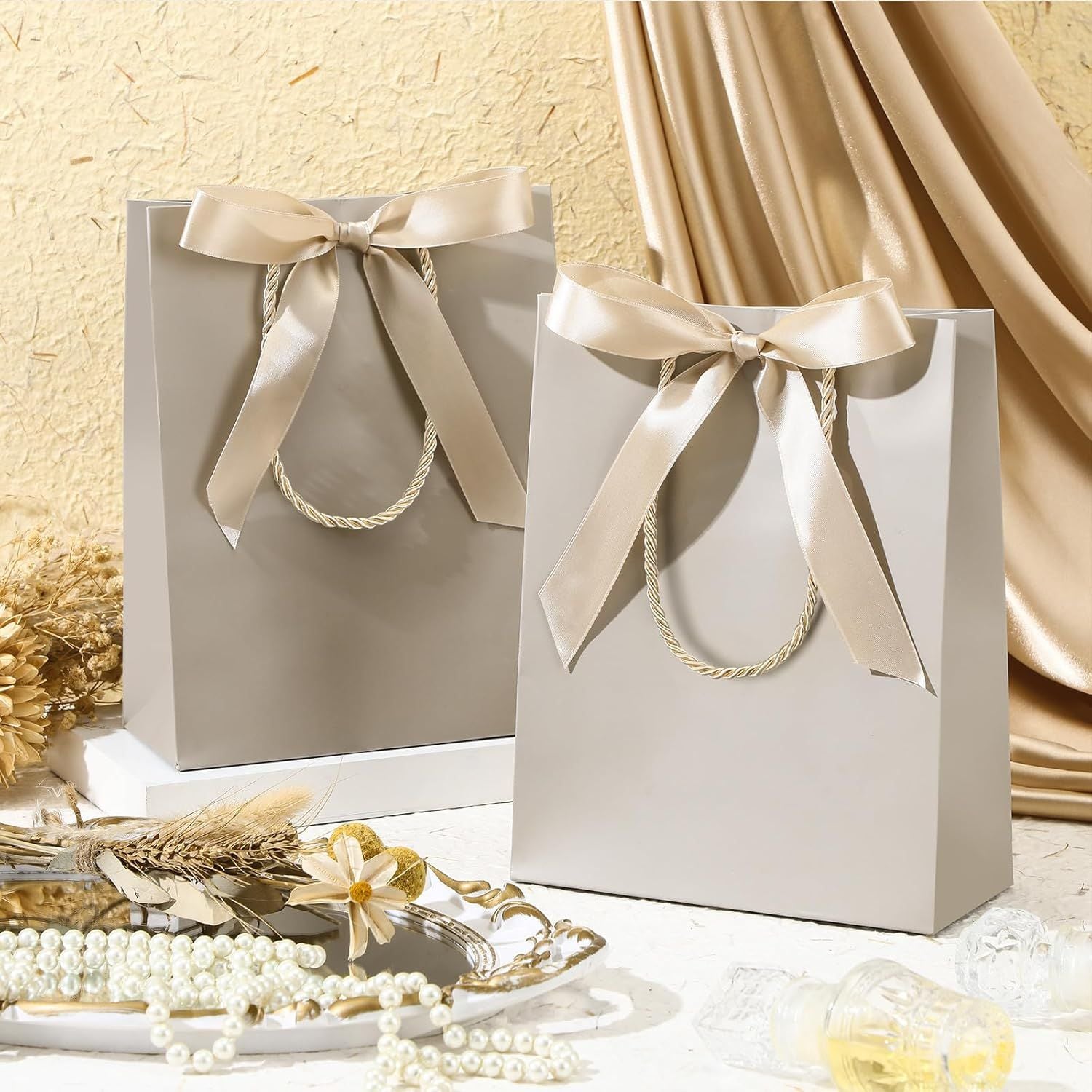 12/24 Pack Paper Gift Bags with Handle 9x7x3.15'' Thank You Gift Bags with Bow Ribbon for Holiday Valentines Wedding Bridal Baby Shower Birthday Party - Renee Lane Company