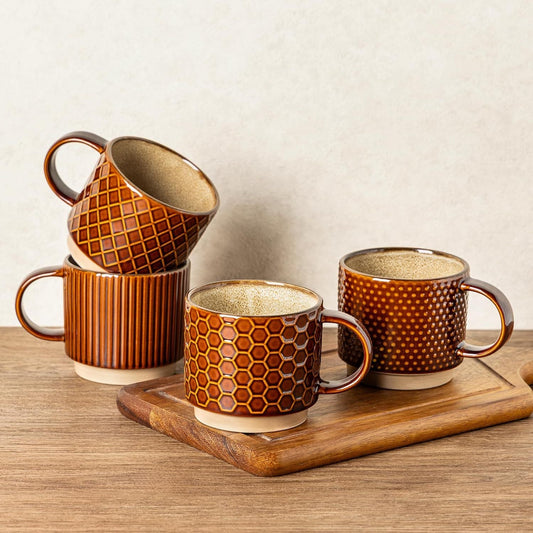 12 OZ Stackable Coffee Mugs, Ceramic Coffee Cups with Texture Patterns for Man,Woman,Dad,Mom, Modern Mugs Set of 4 for Latte/Cappuccino/Cocoa. Dishwasher&Microwave Safe - Renee Lane Company