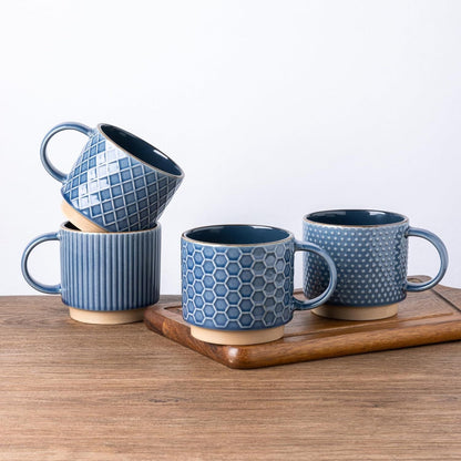 12 OZ Stackable Coffee Mugs, Ceramic Coffee Mugs with Texture Patterns for Man,Woman,Dad,Mom, Modern Coffee Cups Set of 4 for Latte/Cappuccino/Cocoa. Dishwasher&Microwave Safe - Renee Lane Company