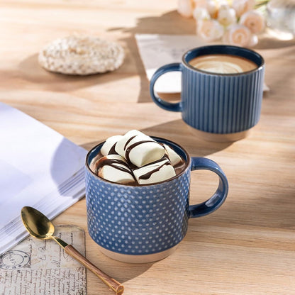 12 OZ Stackable Coffee Mugs, Ceramic Coffee Mugs with Texture Patterns for Man,Woman,Dad,Mom, Modern Coffee Cups Set of 4 for Latte/Cappuccino/Cocoa. Dishwasher&Microwave Safe - Renee Lane Company