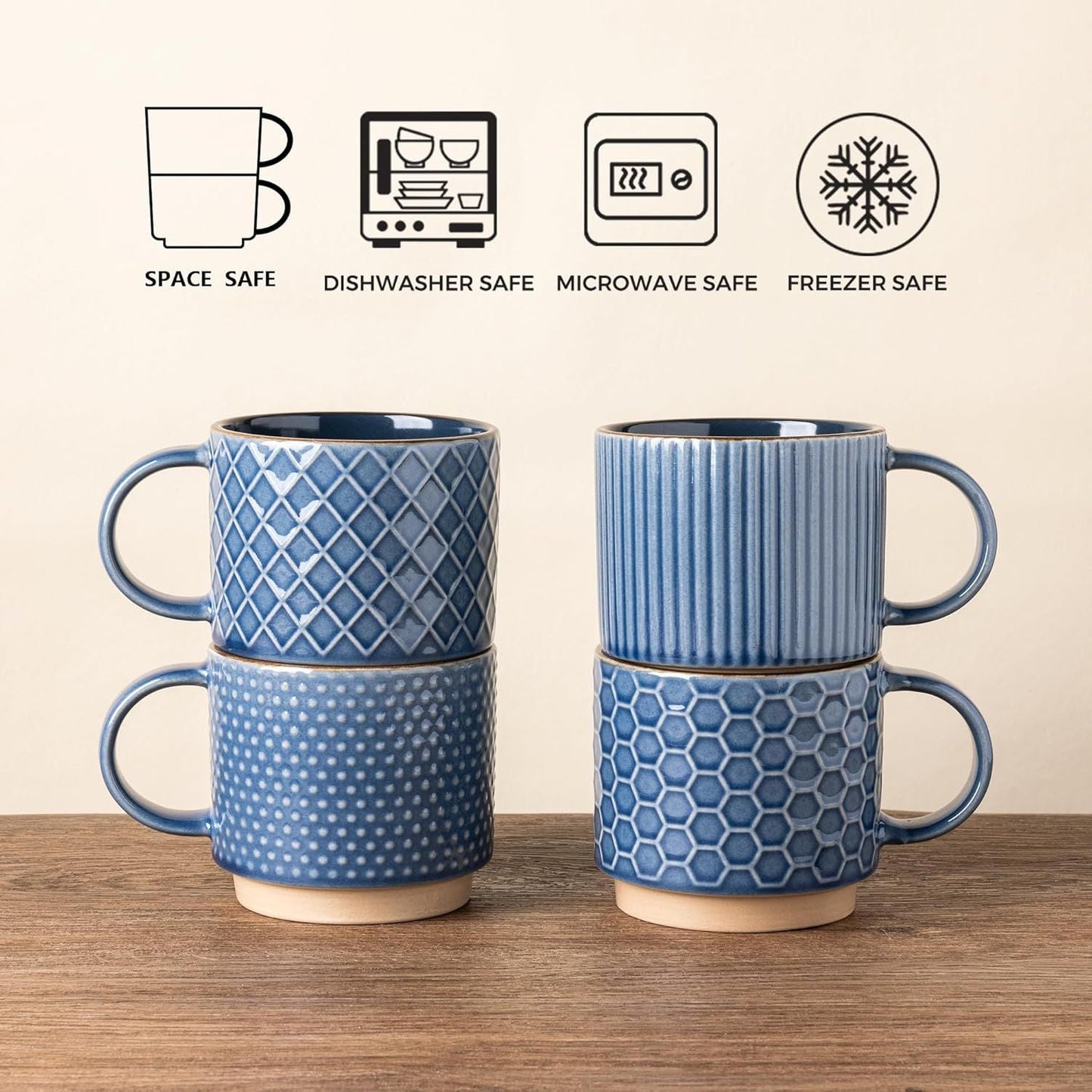 12 OZ Stackable Coffee Mugs, Ceramic Coffee Mugs with Texture Patterns for Man,Woman,Dad,Mom, Modern Coffee Cups Set of 4 for Latte/Cappuccino/Cocoa. Dishwasher&Microwave Safe - Renee Lane Company