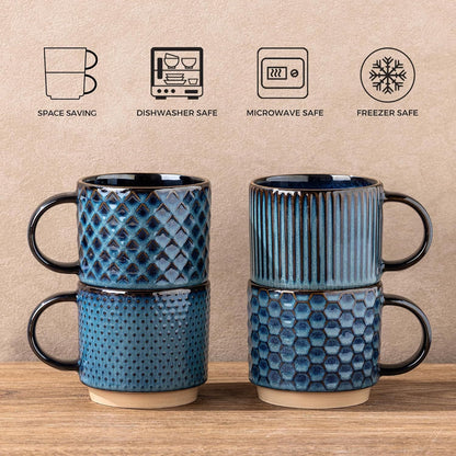 12 OZ Stackable Coffee Mugs, Ceramic Coffee Mugs with Texture Patterns for Man,Woman,Dad,Mom, Modern Coffee Mugs Set of 4 for Latte/Cappuccino/Cocoa. Dishwasher&Microwave Safe - Renee Lane Company