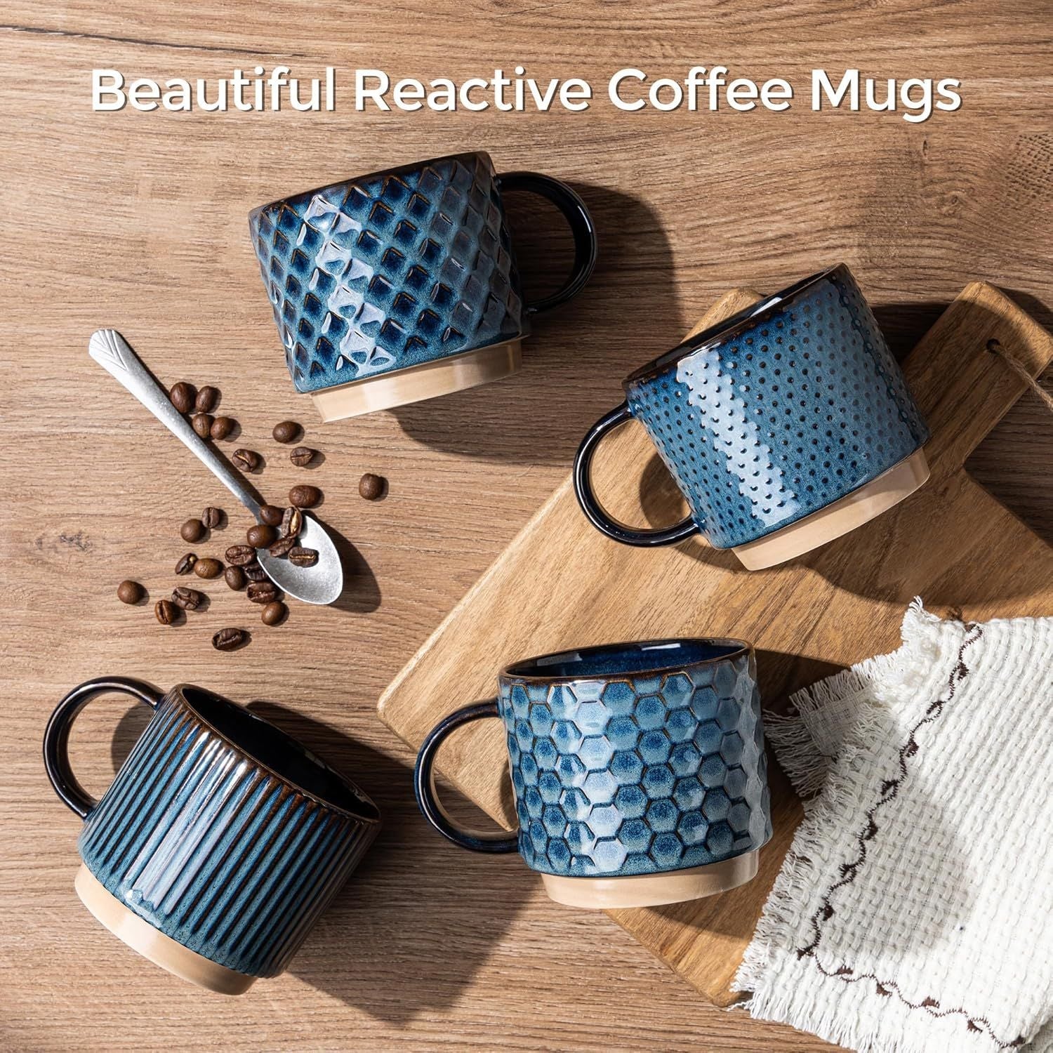 12 OZ Stackable Coffee Mugs, Ceramic Coffee Mugs with Texture Patterns for Man,Woman,Dad,Mom, Modern Coffee Mugs Set of 4 for Latte/Cappuccino/Cocoa. Dishwasher&Microwave Safe - Renee Lane Company