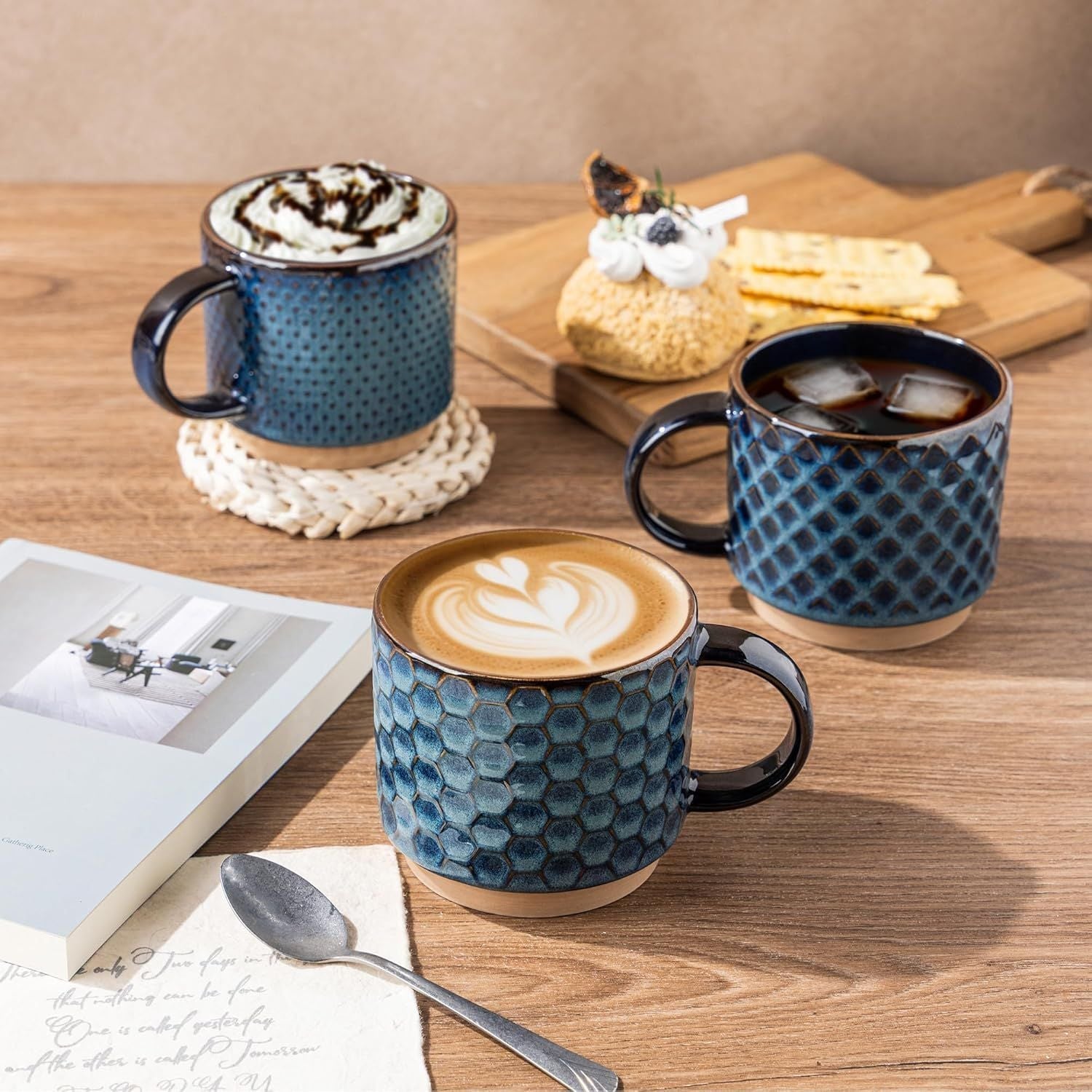 12 OZ Stackable Coffee Mugs, Ceramic Coffee Mugs with Texture Patterns for Man,Woman,Dad,Mom, Modern Coffee Mugs Set of 4 for Latte/Cappuccino/Cocoa. Dishwasher&Microwave Safe - Renee Lane Company