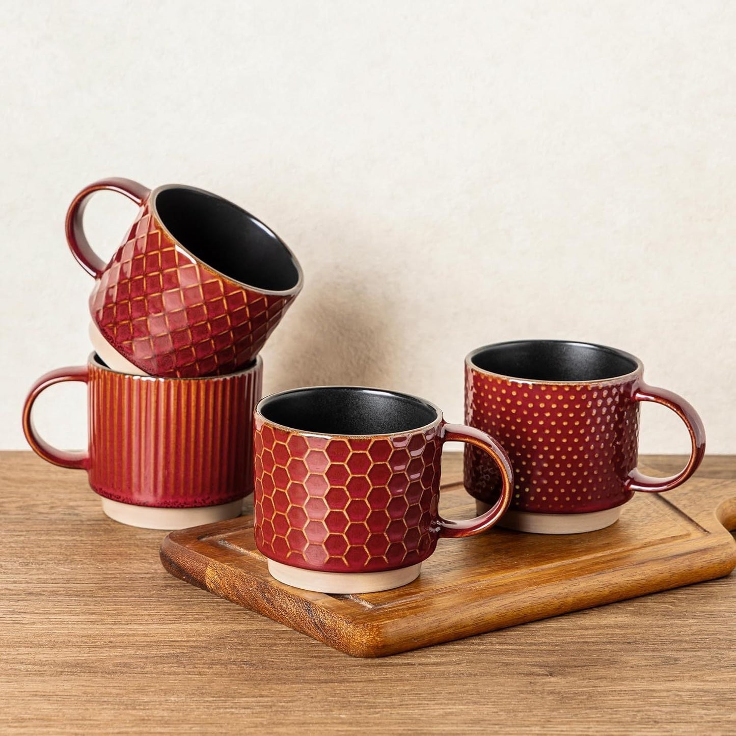 12 OZ Stackable Coffee Mugs Set of 4, Ceramic Coffee Cups with Texture Patterns for Man,Woman,Dad,Mom, Modern Mugs Set for Latte/Cappuccino/Cocoa. Dishwasher&Microwave Safe, Red - Renee Lane Company