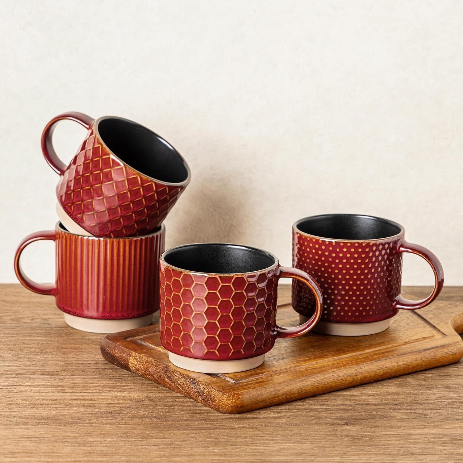 12 OZ Stackable Coffee Mugs Set of 4, Ceramic Coffee Cups with Texture Patterns for Man,Woman,Dad,Mom, Modern Mugs Set for Latte/Cappuccino/Cocoa. Dishwasher&Microwave Safe, Red - Renee Lane Company