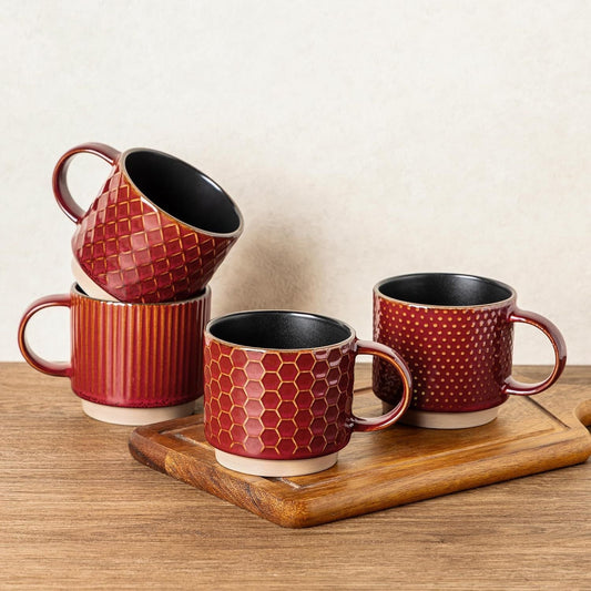 12 OZ Stackable Coffee Mugs Set of 4, Ceramic Coffee Cups with Texture Patterns for Man,Woman,Dad,Mom, Modern Mugs Set for Latte/Cappuccino/Cocoa. Dishwasher&Microwave Safe, Red - Renee Lane Company