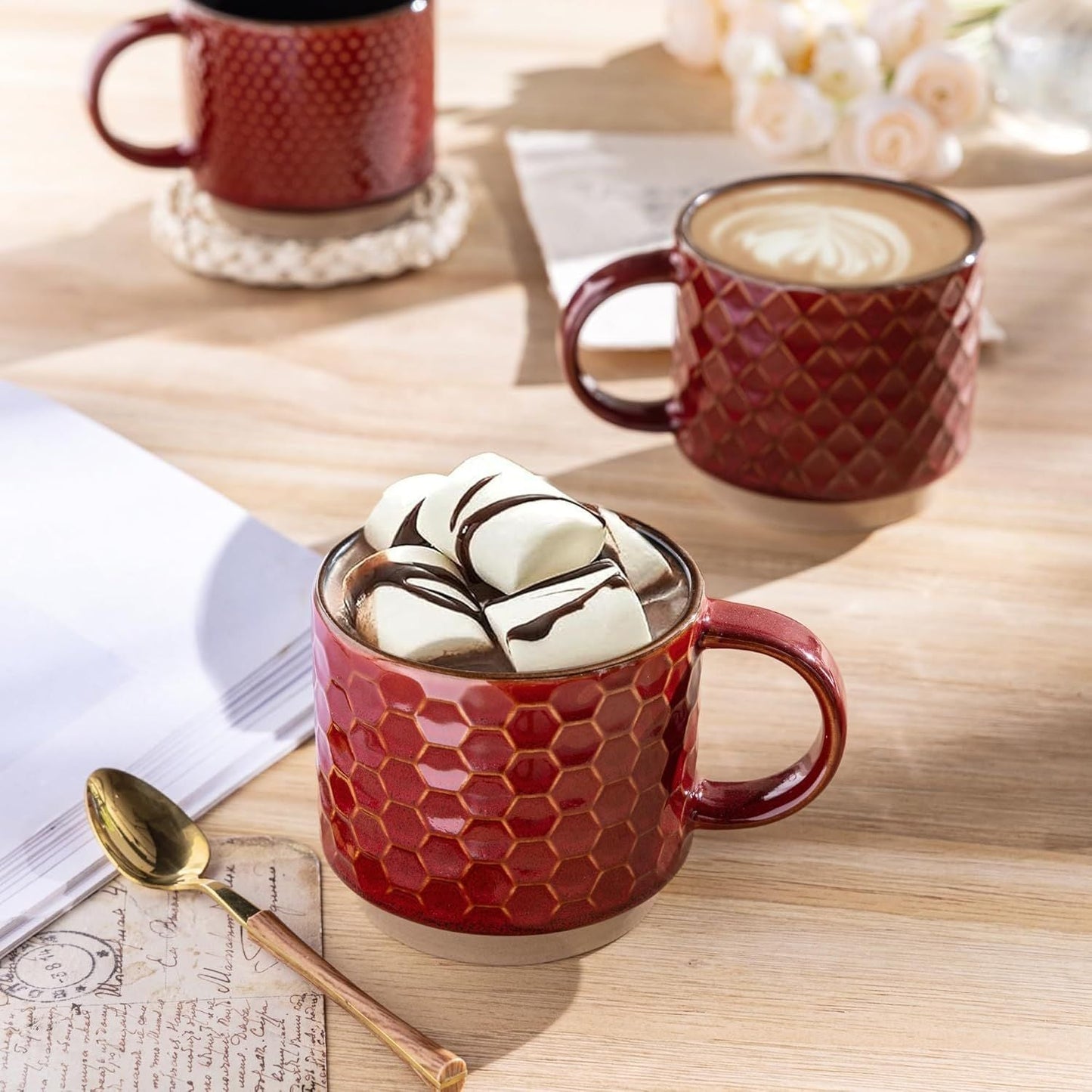 12 OZ Stackable Coffee Mugs Set of 4, Ceramic Coffee Cups with Texture Patterns for Man,Woman,Dad,Mom, Modern Mugs Set for Latte/Cappuccino/Cocoa. Dishwasher&Microwave Safe, Red - Renee Lane Company