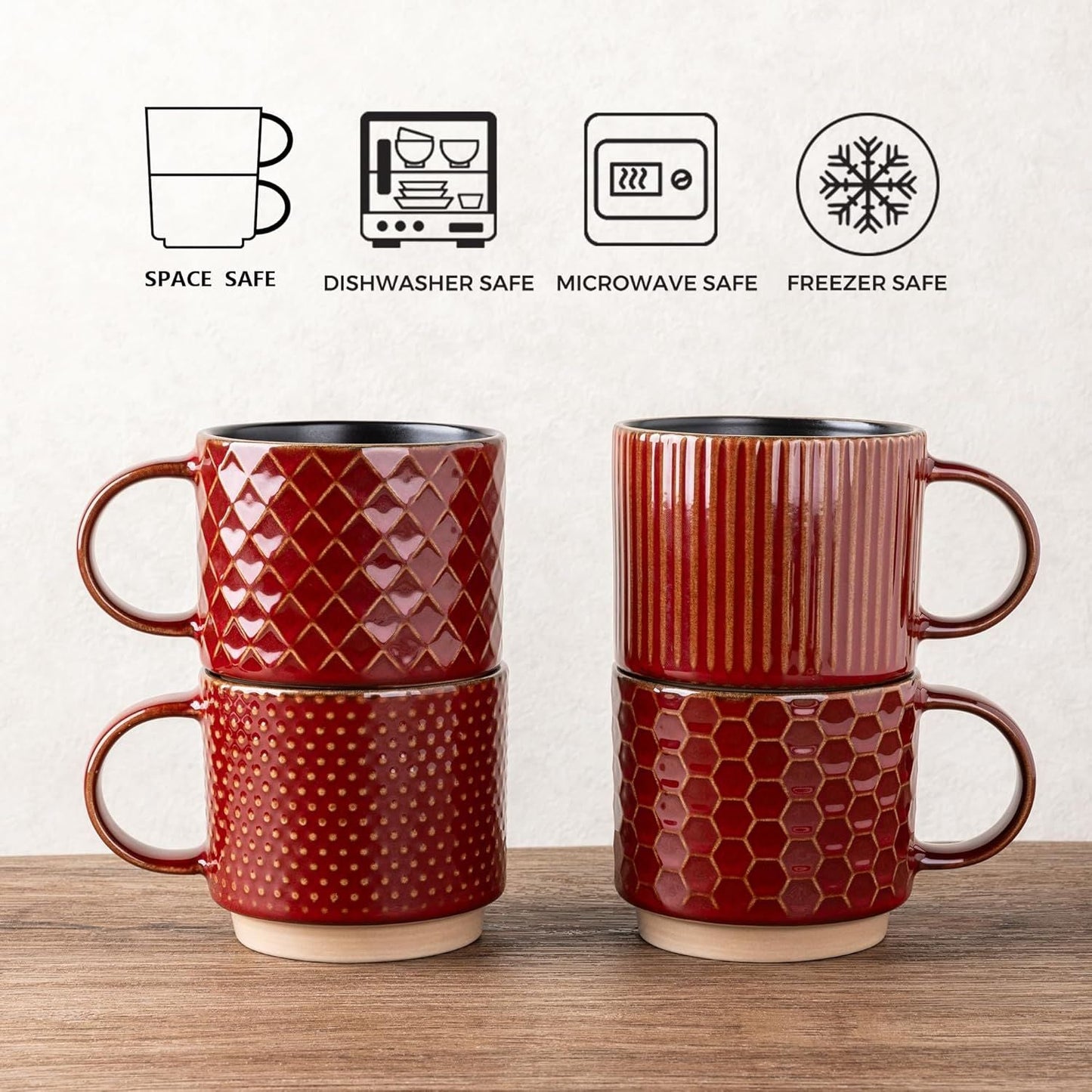 12 OZ Stackable Coffee Mugs Set of 4, Ceramic Coffee Cups with Texture Patterns for Man,Woman,Dad,Mom, Modern Mugs Set for Latte/Cappuccino/Cocoa. Dishwasher&Microwave Safe, Red - Renee Lane Company