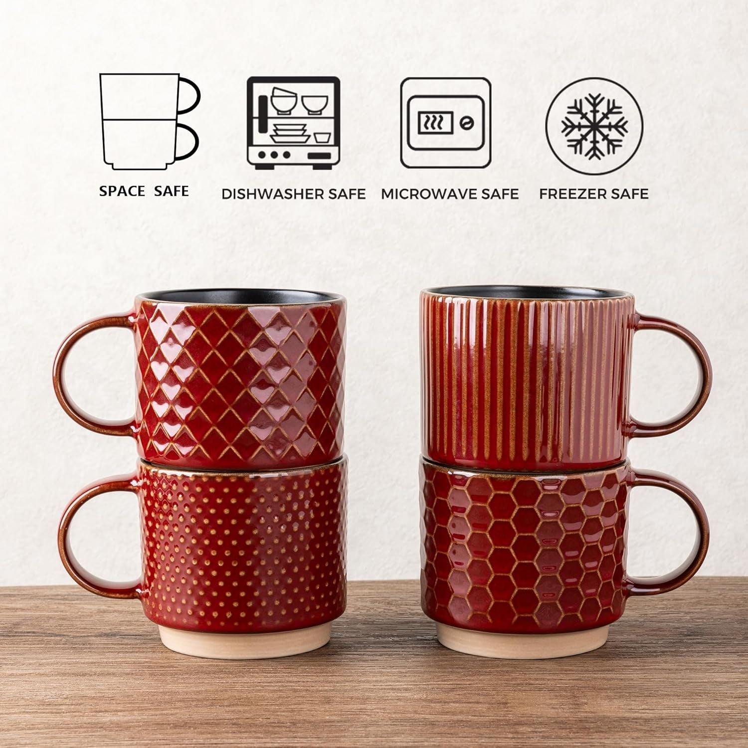 12 OZ Stackable Coffee Mugs Set of 4, Ceramic Coffee Cups with Texture Patterns for Man,Woman,Dad,Mom, Modern Mugs Set for Latte/Cappuccino/Cocoa. Dishwasher&Microwave Safe, Red - Renee Lane Company