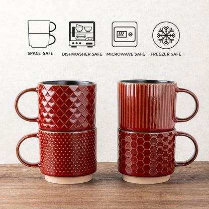12 OZ Stackable Coffee Mugs Set of 4, Ceramic Coffee Cups with Texture Patterns for Man,Woman,Dad,Mom, Modern Mugs Set for Latte/Cappuccino/Cocoa. Dishwasher&Microwave Safe, Red - Renee Lane Company